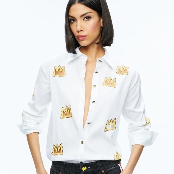 NWT Alice +Olivia X BASQUIAT Finely Embellished Cutout Button Down Size XS - Picture 3 of 10